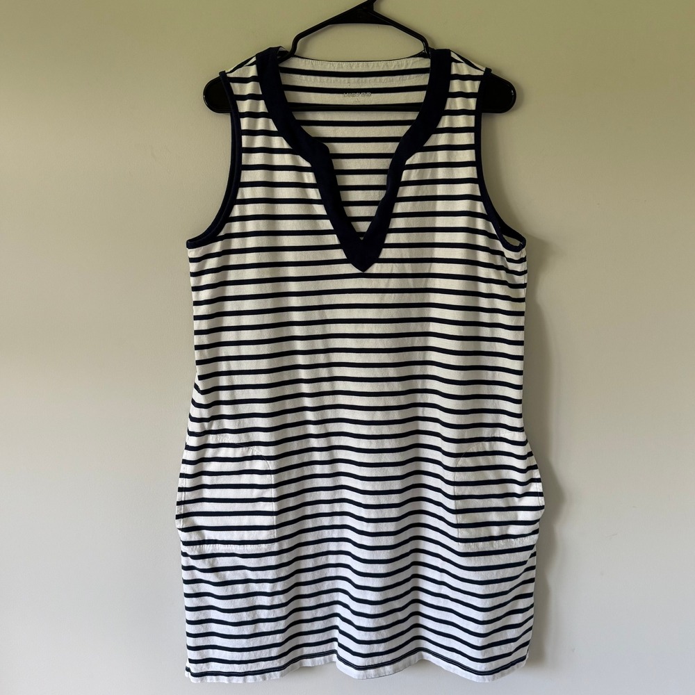 Lands End Navy White Striped Cotton Sleeveless V-Neck Pocket Dress L Nautical‎